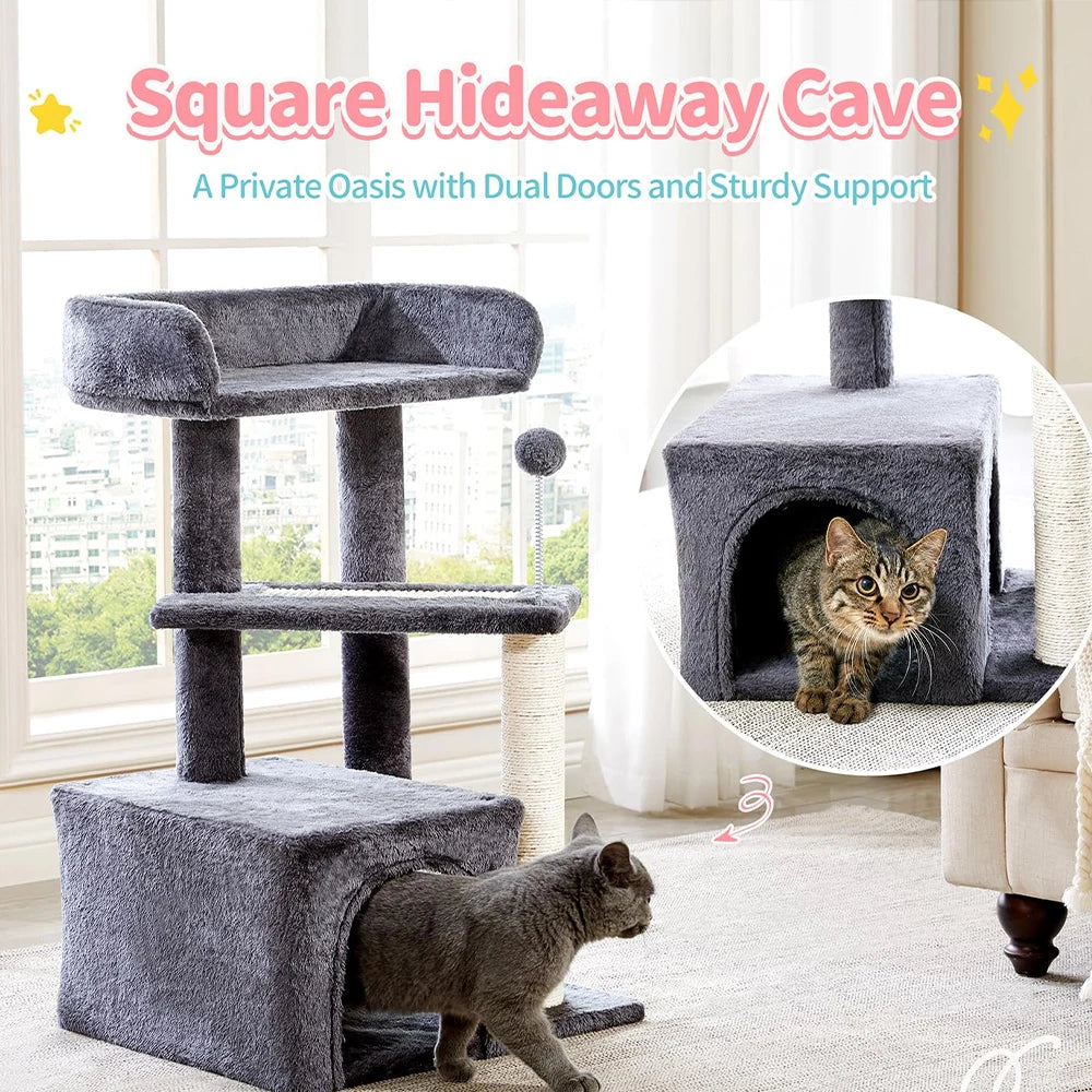 29" Tall Dark Grey Small Cat Tower - Multi-Level Indoor Cat Tree