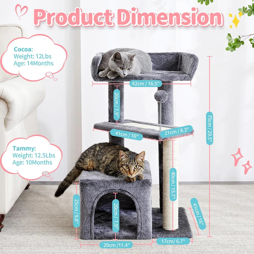 29" Tall Dark Grey Small Cat Tower - Multi-Level Indoor Cat Tree