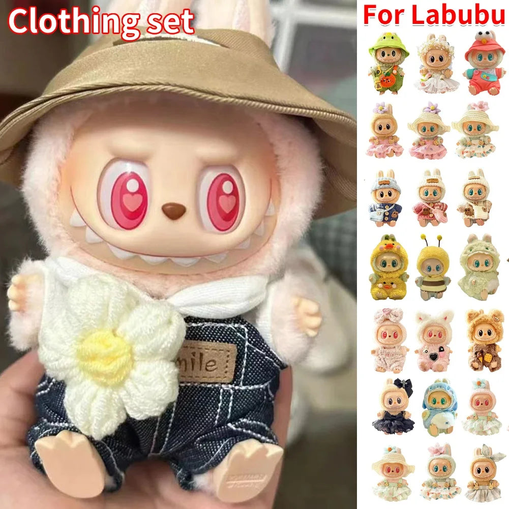 15-17 cm For Labubu v1v2 Clothes outfit For Labubu Sitting Party Bear Label Scarf Hat Bag Dolls Accessories Cute Decoration 