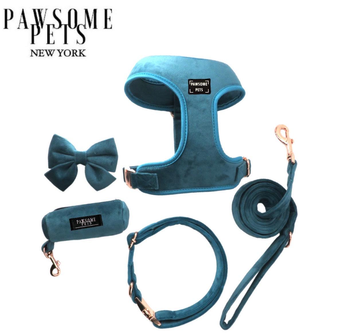 Bundle - Ice Blue Pet Walking Set - Harness, Collar, Lead, Bowtie, Bag Holder