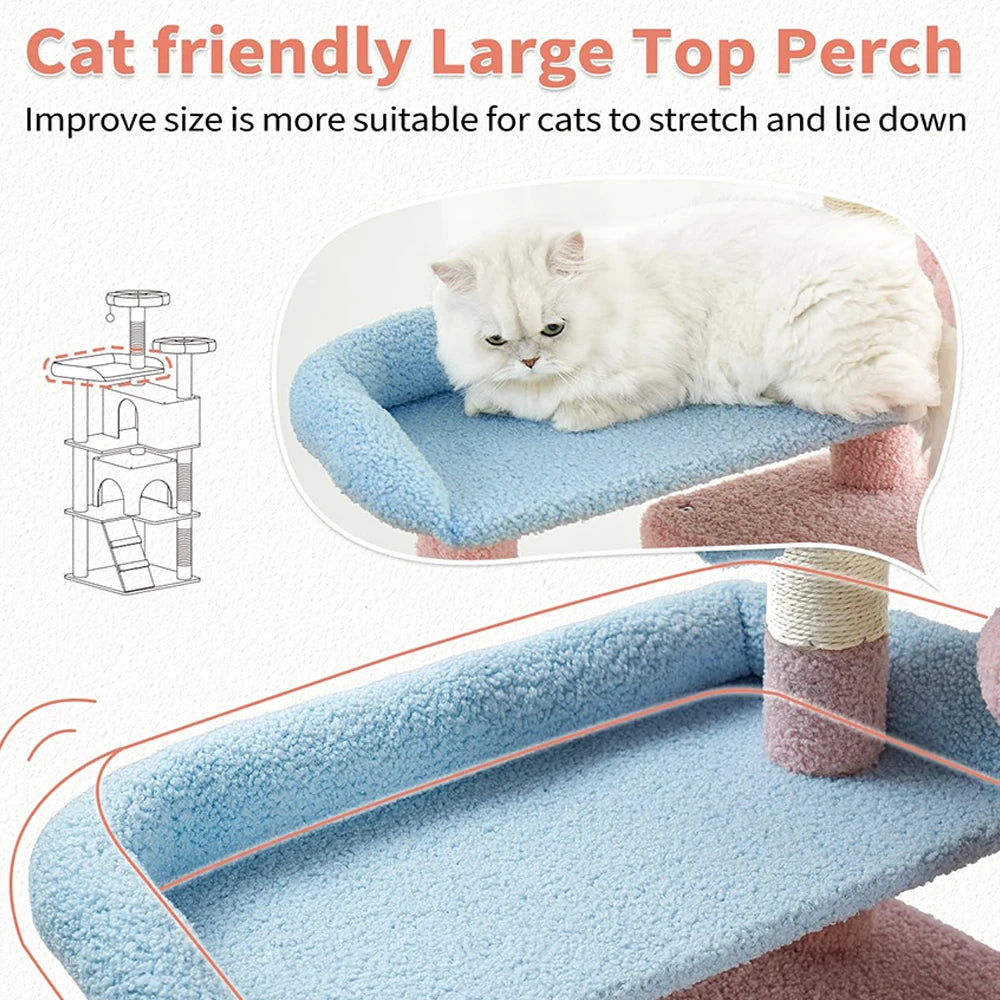 56" Multi-Level Indoor Cat Tower - Funny Pink Flower & Blue Condo
