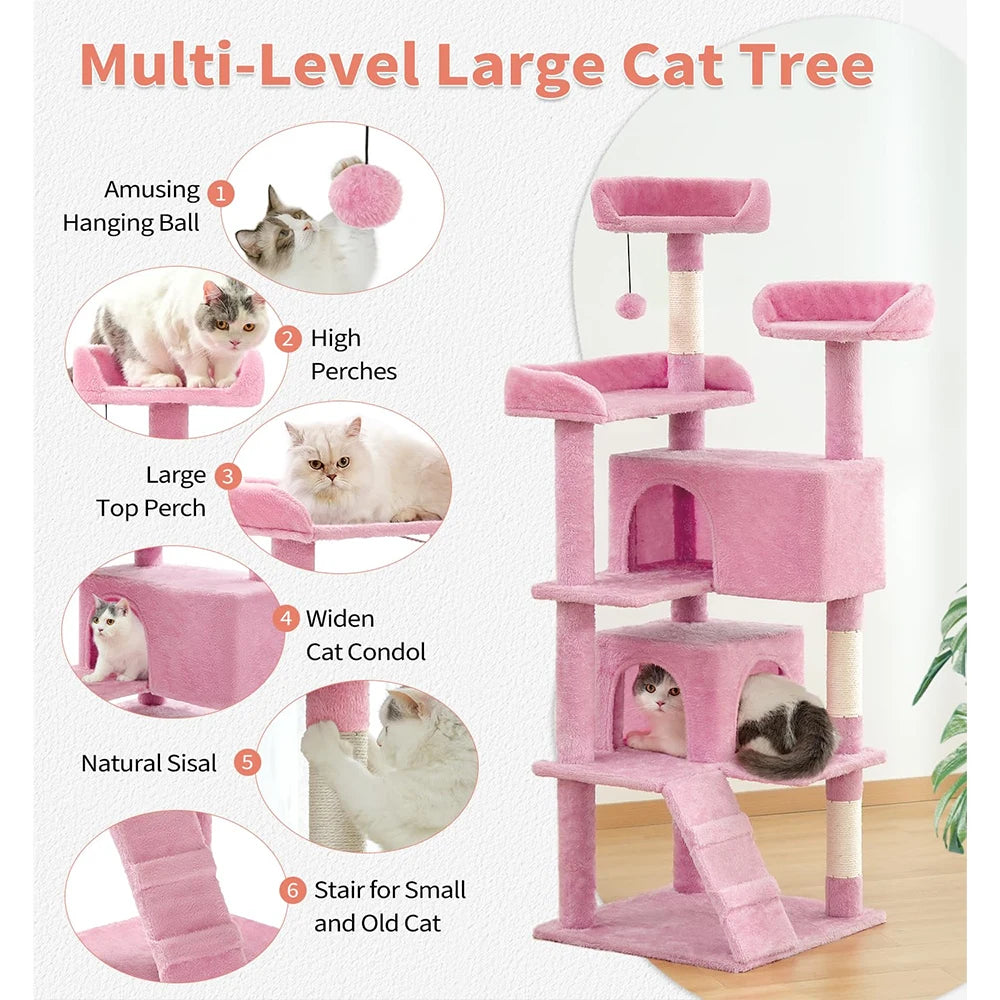 54" Multi-Level Pink Cat Tower - Indoor Kitten Furniture