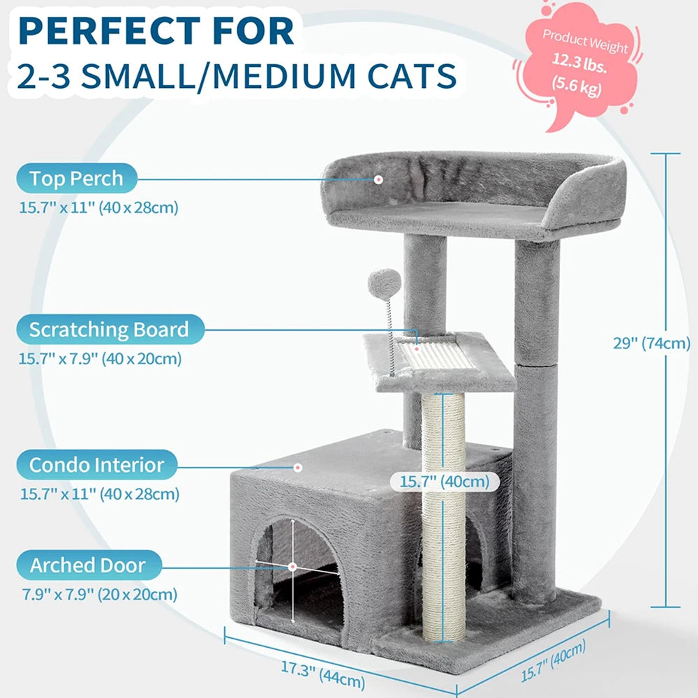 Modern 29" Multi-Level Cat Tower - Grey Carpet Kitty Condo