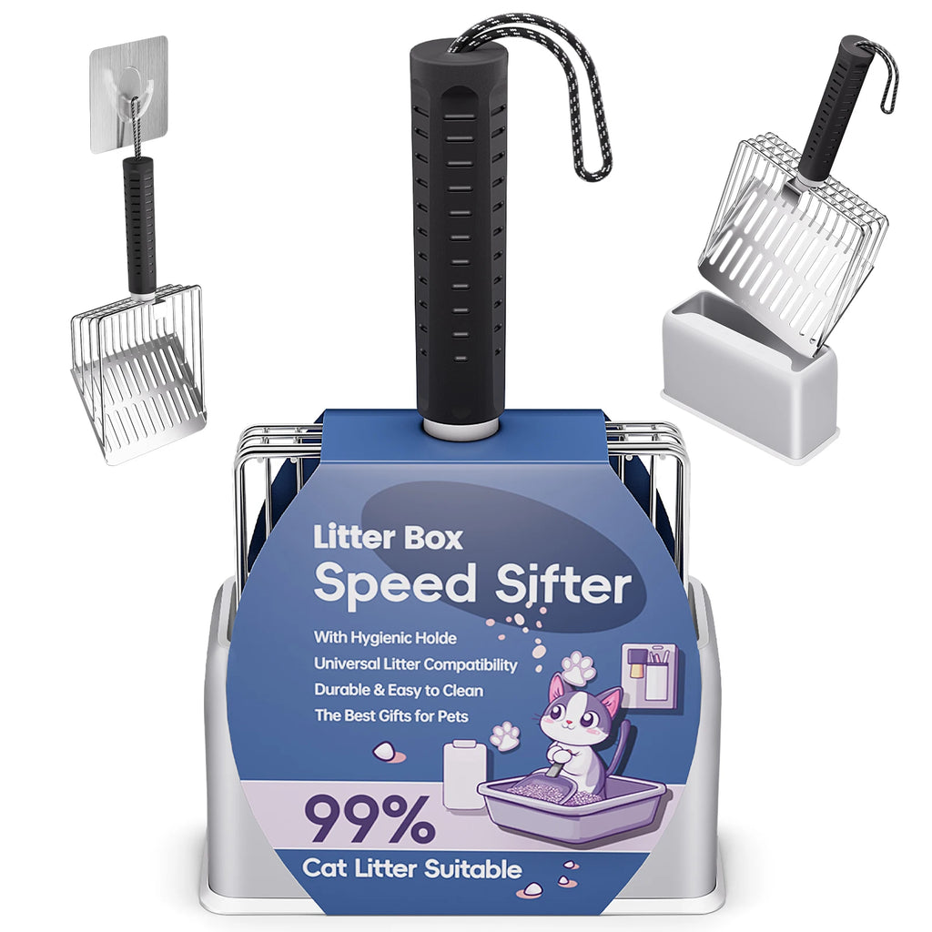 Stainless Steel Litter Scoop with Holder - Sifting, Non-Stick, Heavy Duty