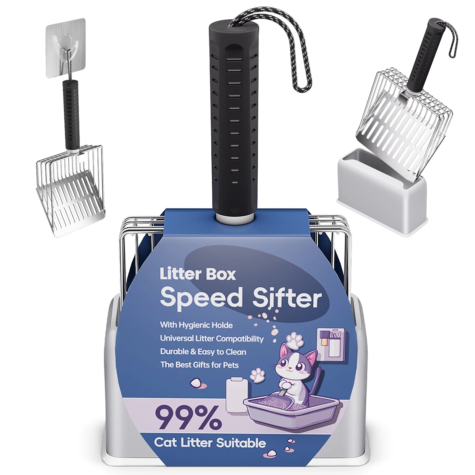Stainless Steel Litter Scoop with Holder - Sifting, Non-Stick, Heavy Duty