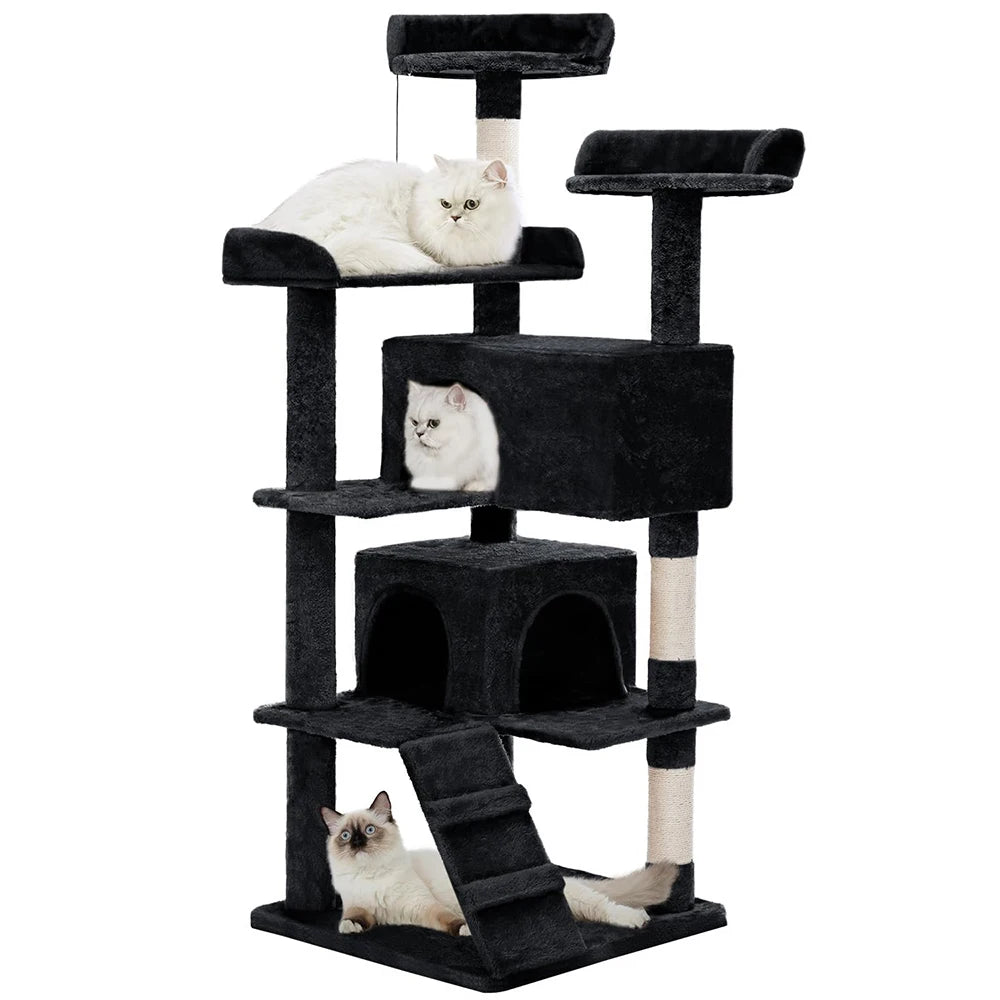 56" Black Cat Tower Multi-Level Indoor Cat Tree with 2 Condo Furniture & Activity Center Funny Scratching Posts & Toys