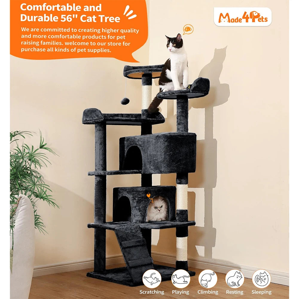 56" Black Cat Tower Multi-Level Indoor Cat Tree with 2 Condo Furniture & Activity Center Funny Scratching Posts & Toys