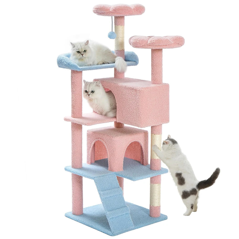 56" Multi-Level Indoor Cat Tower - Funny Pink Flower & Blue Condo