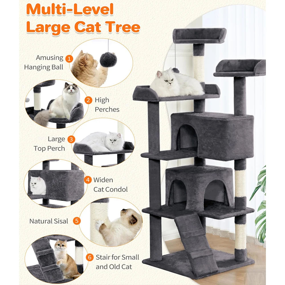 54in Multi-Level Cat Tower for Indoor Cats - Dark Grey Cat Tree