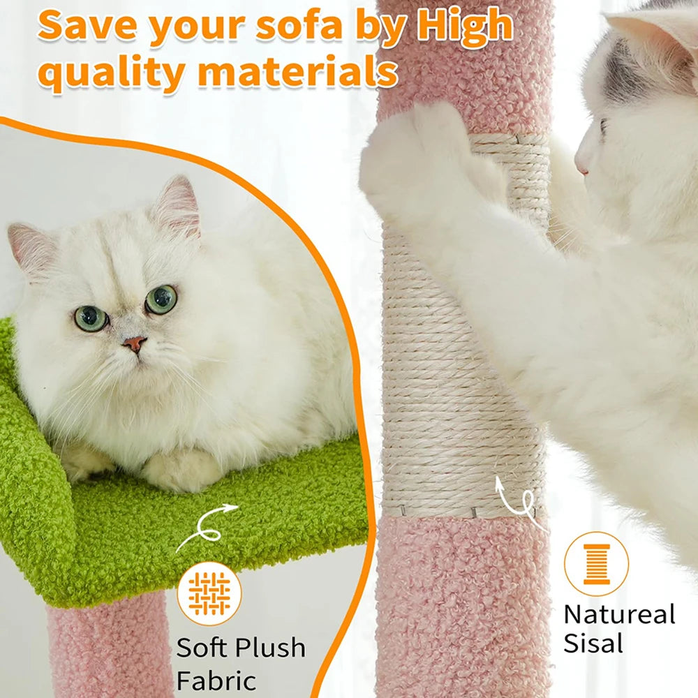 54" Multi-Level Indoor Cat Tower Funny Pink Flower Green Scratching Posts Cat Tree 2 Condo Furniture Activity Center for Cats