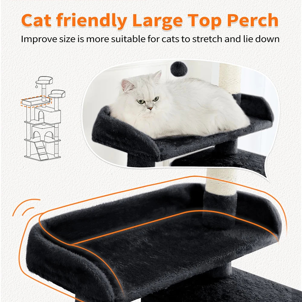 56" Black Cat Tower Multi-Level Indoor Cat Tree with 2 Condo Furniture & Activity Center Funny Scratching Posts & Toys