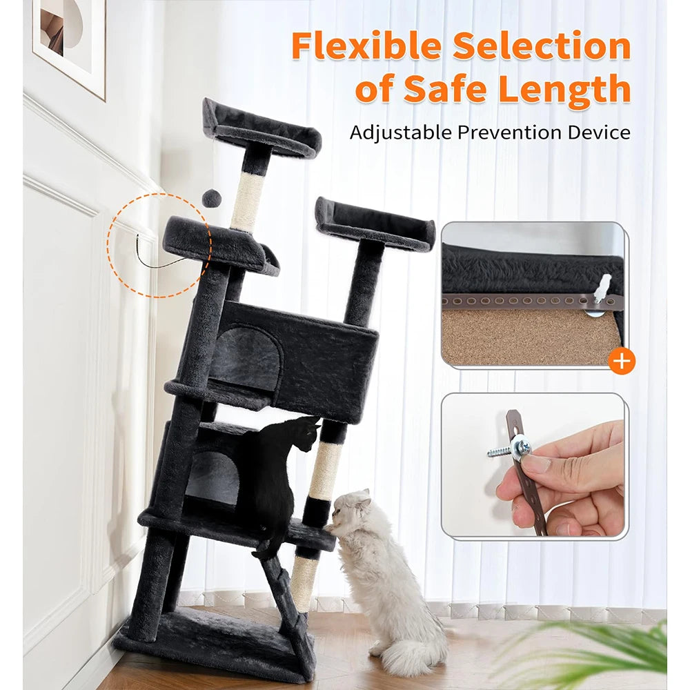 56" Black Cat Tower Multi-Level Indoor Cat Tree with 2 Condo Furniture & Activity Center Funny Scratching Posts & Toys