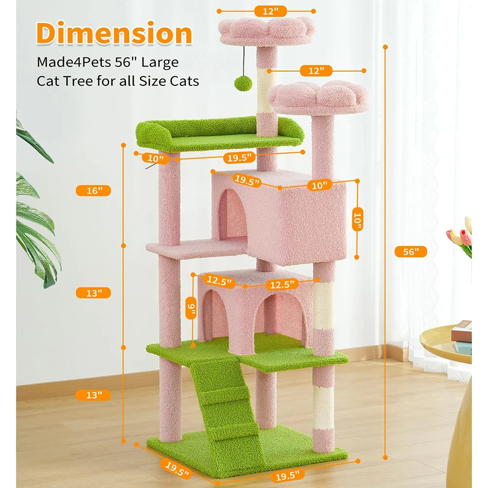 54" Multi-Level Indoor Cat Tower Funny Pink Flower Green Scratching Posts Cat Tree 2 Condo Furniture Activity Center for Cats
