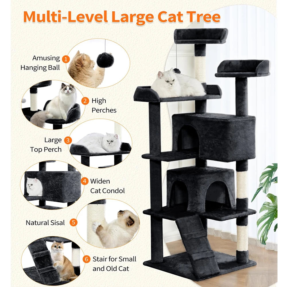 56" Black Cat Tower Multi-Level Indoor Cat Tree with 2 Condo Furniture & Activity Center Funny Scratching Posts & Toys
