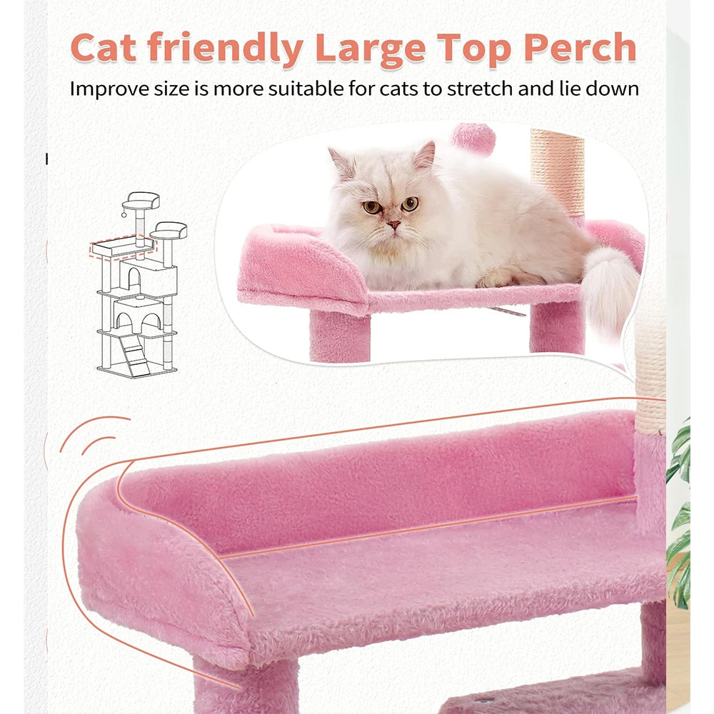 54" Multi-Level Pink Cat Tower - Indoor Kitten Furniture