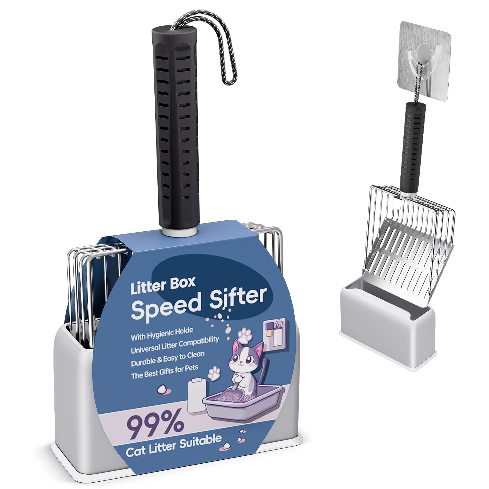Stainless Steel Litter Scoop with Holder - Sifting, Non-Stick, Heavy Duty