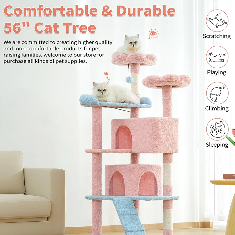 56" Multi-Level Indoor Cat Tower - Funny Pink Flower & Blue Condo