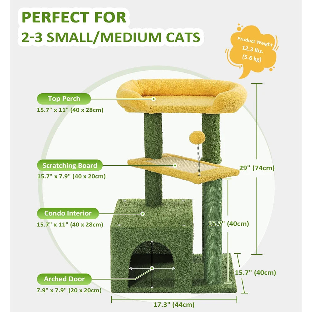29" Green Multi-Level Modern Cat Tower - Small/Medium Indoor Cat Tree