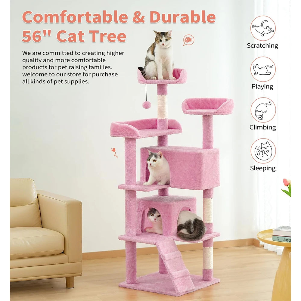 54" Multi-Level Pink Cat Tower - Indoor Kitten Furniture