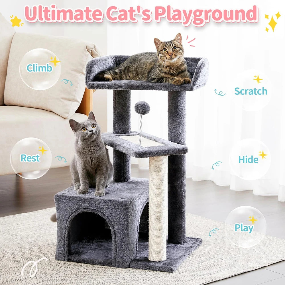 29" Tall Dark Grey Small Cat Tower - Multi-Level Indoor Cat Tree