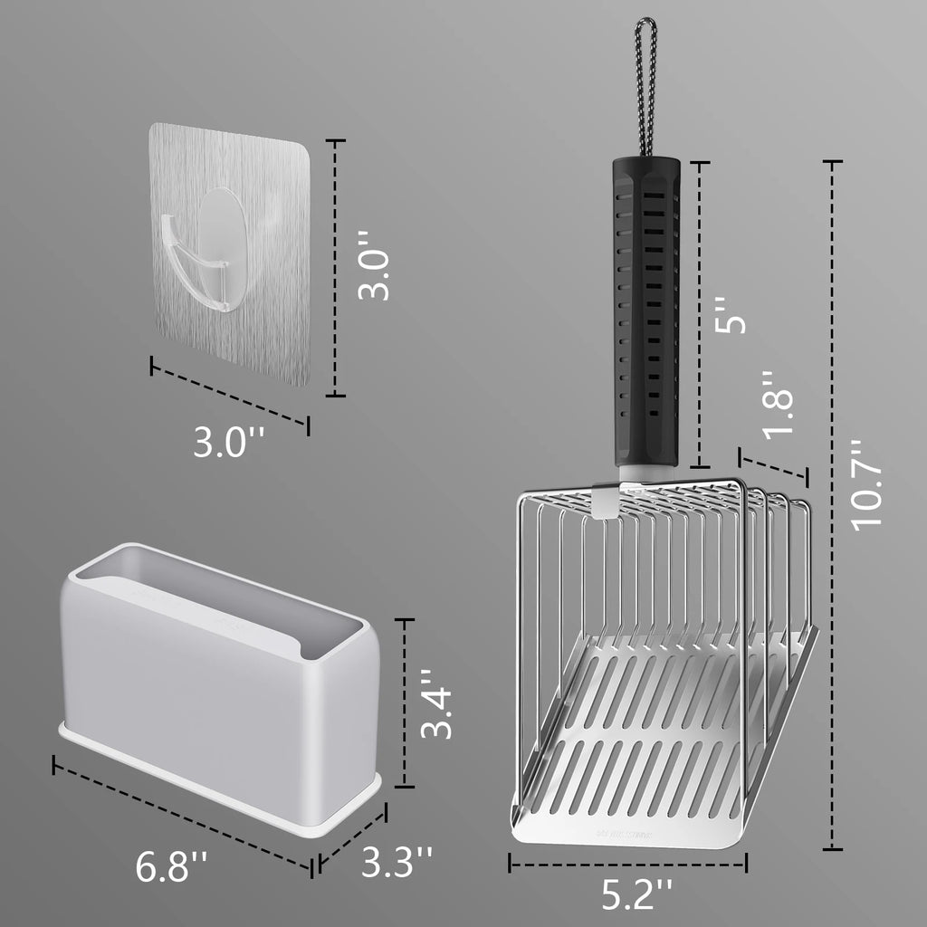 Stainless Steel Litter Scoop with Holder - Sifting, Non-Stick, Heavy Duty