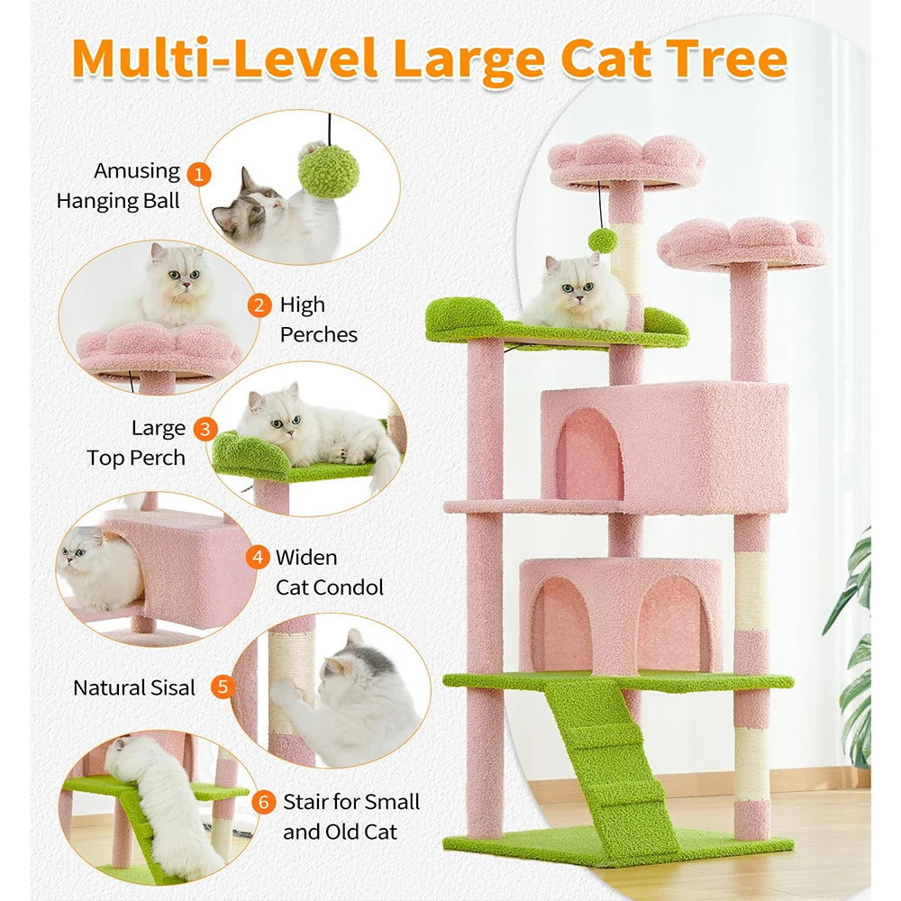54" Multi-Level Indoor Cat Tower Funny Pink Flower Green Scratching Posts Cat Tree 2 Condo Furniture Activity Center for Cats