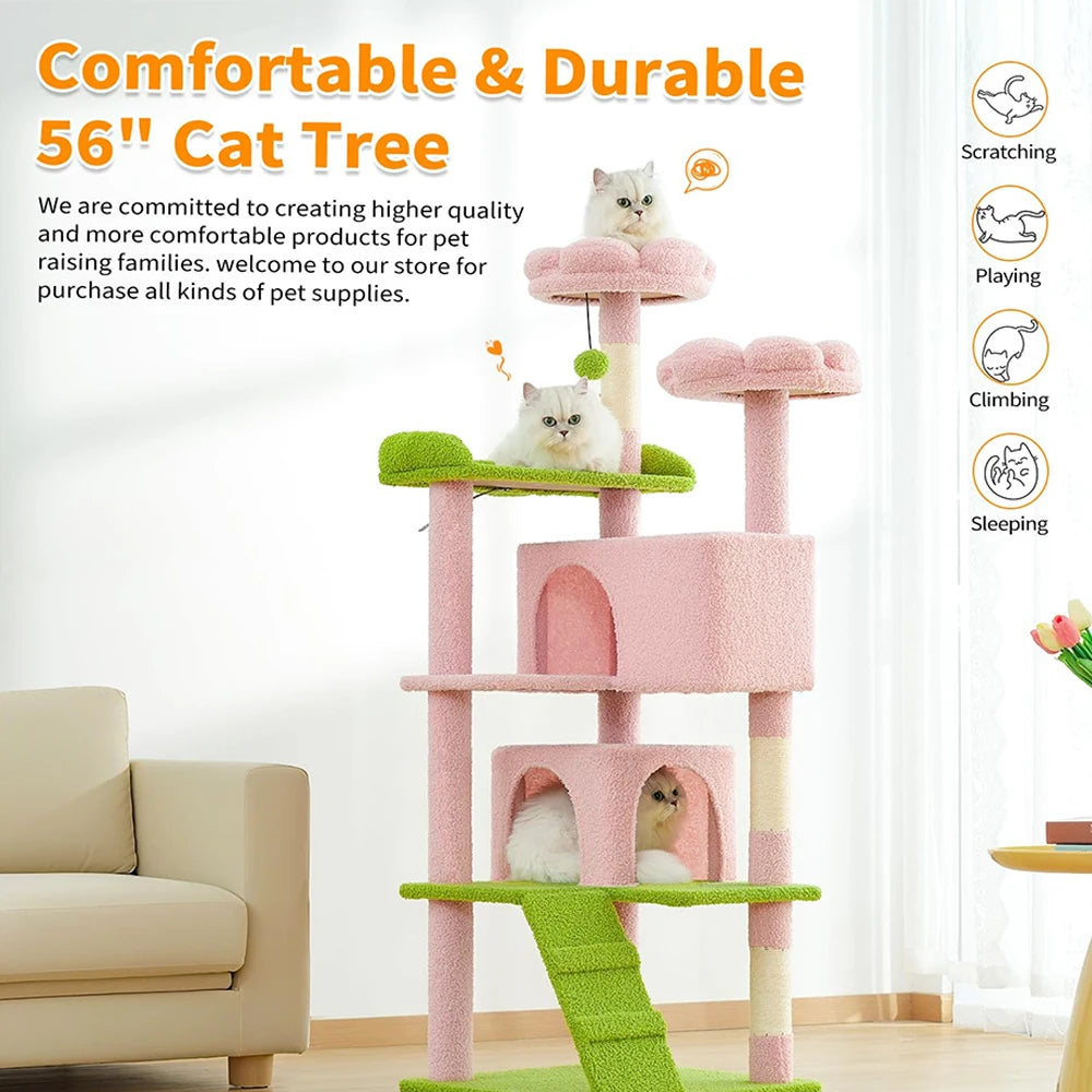 54" Multi-Level Indoor Cat Tower Funny Pink Flower Green Scratching Posts Cat Tree 2 Condo Furniture Activity Center for Cats