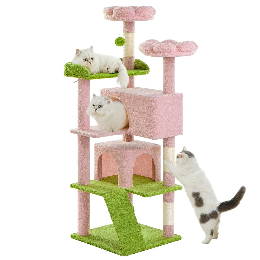 54" Multi-Level Indoor Cat Tower Funny Pink Flower Green Scratching Posts Cat Tree 2 Condo Furniture Activity Center for Cats
