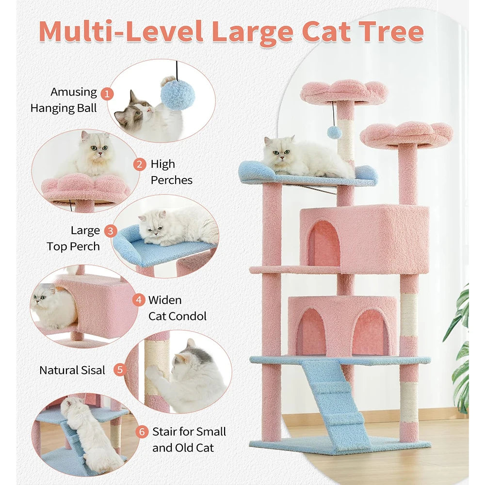 56" Multi-Level Indoor Cat Tower - Funny Pink Flower & Blue Condo