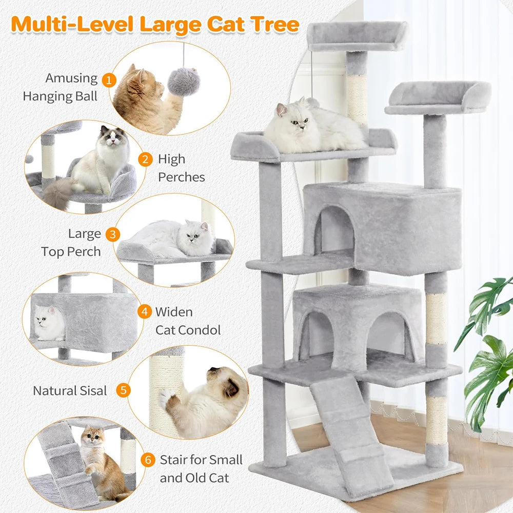 Light Grey 54in Multi-Level Cat Tower - 2 Condo Furniture