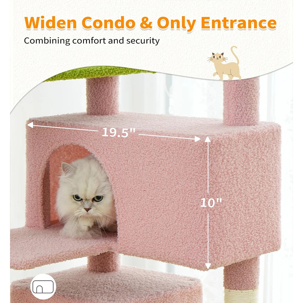 54" Multi-Level Indoor Cat Tower Funny Pink Flower Green Scratching Posts Cat Tree 2 Condo Furniture Activity Center for Cats
