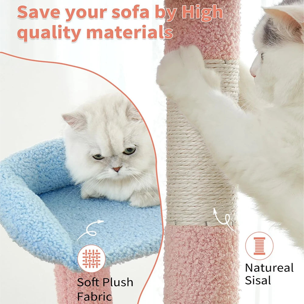 56" Multi-Level Indoor Cat Tower - Funny Pink Flower & Blue Condo