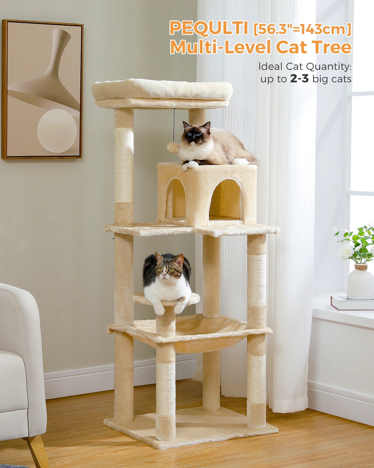 5-Level Cat Tower for Large Cats - Condo, Hammock & Perch