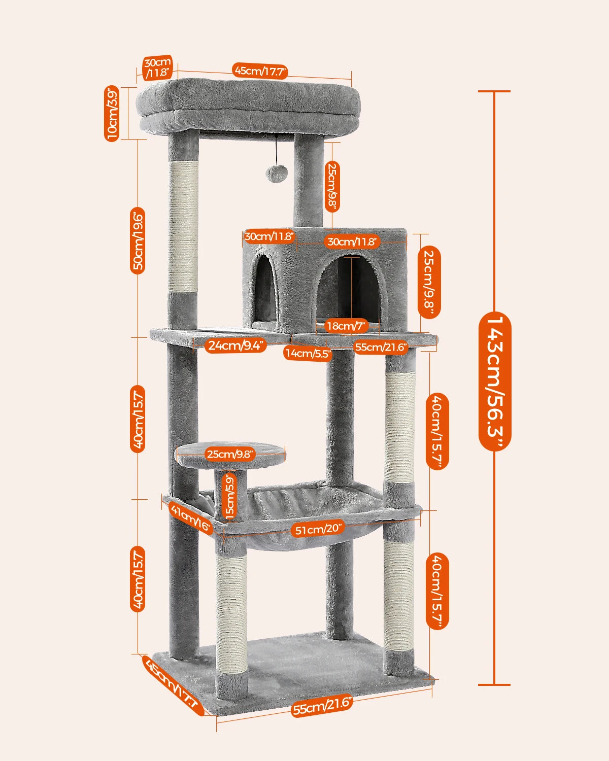 5-Level Cat Tower for Large Cats - Condo, Hammock & Perch