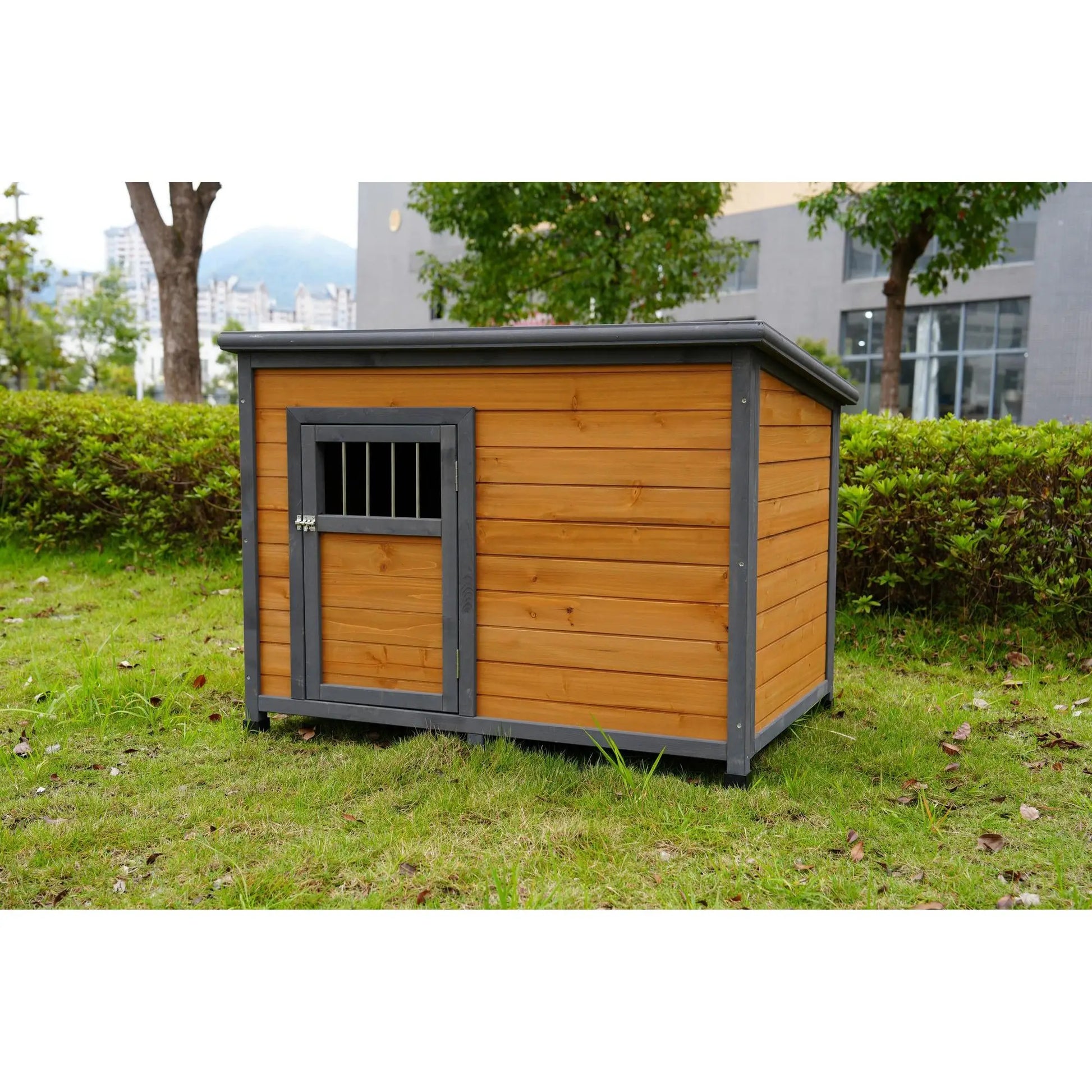 Large 45" Solid Wood Dog House - Waterproof PVC Plastic Roof