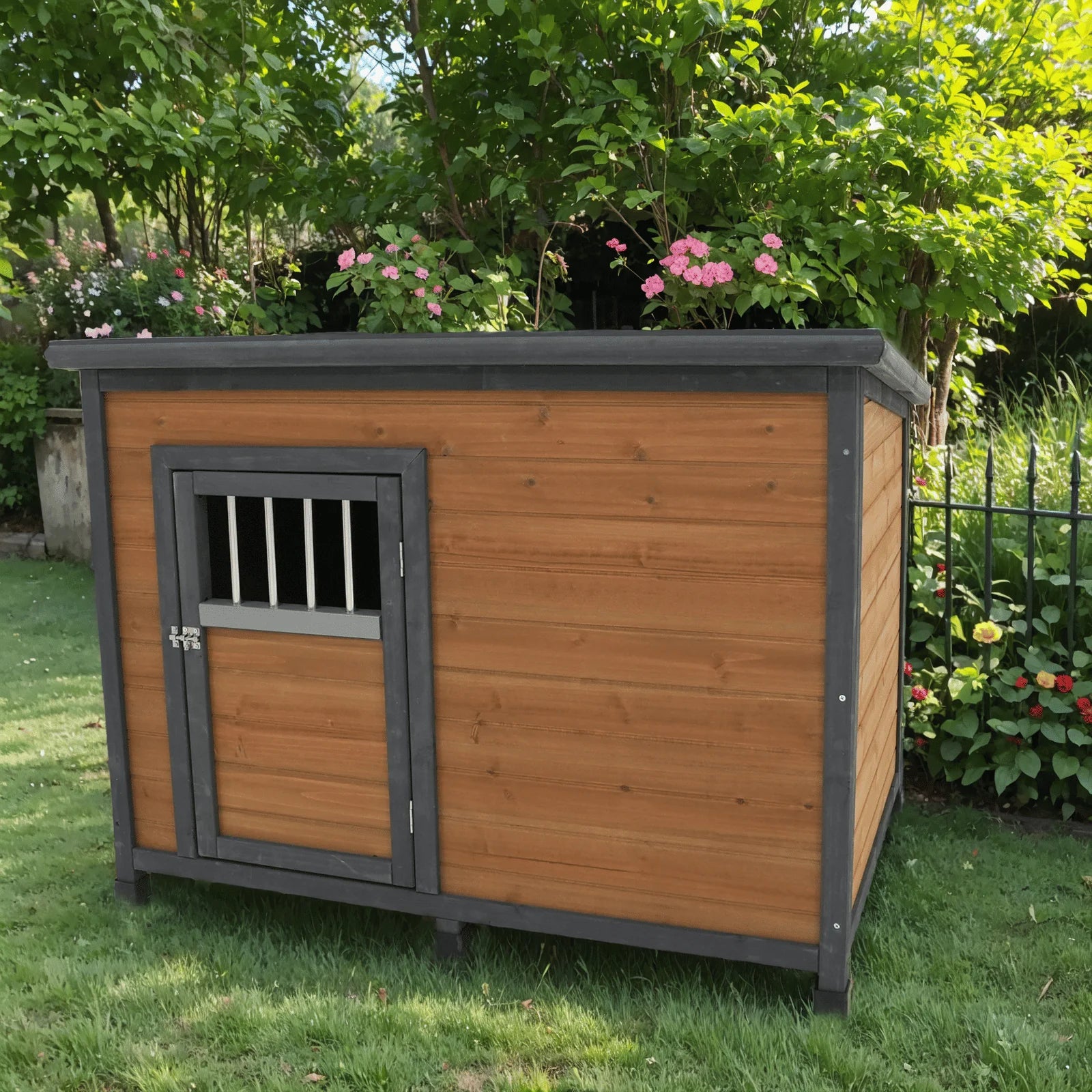 Large 45" Solid Wood Dog House - Waterproof PVC Plastic Roof