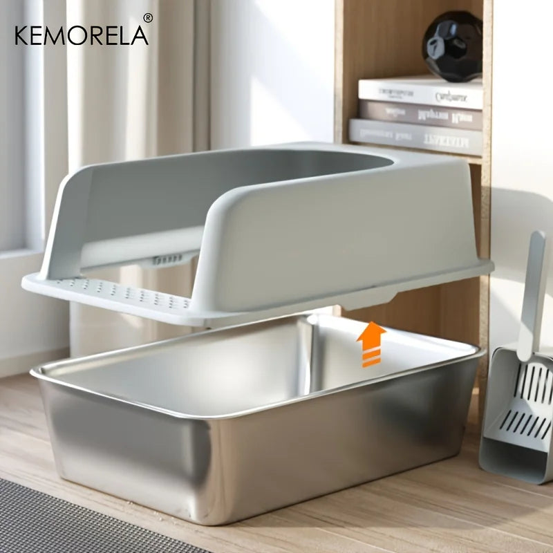 Stainless Steel Litter Box with Litter Mat - High Side for Large Cats
