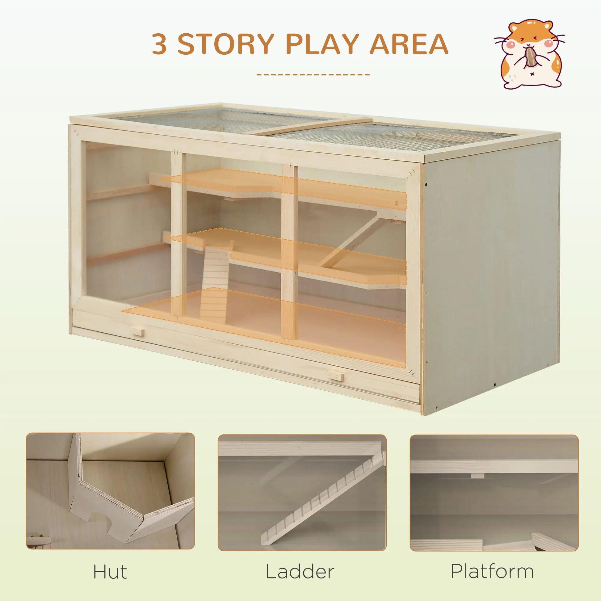 3-Tier Wooden Hamster Cage - Opening Roof, Ramps & Big Habitat