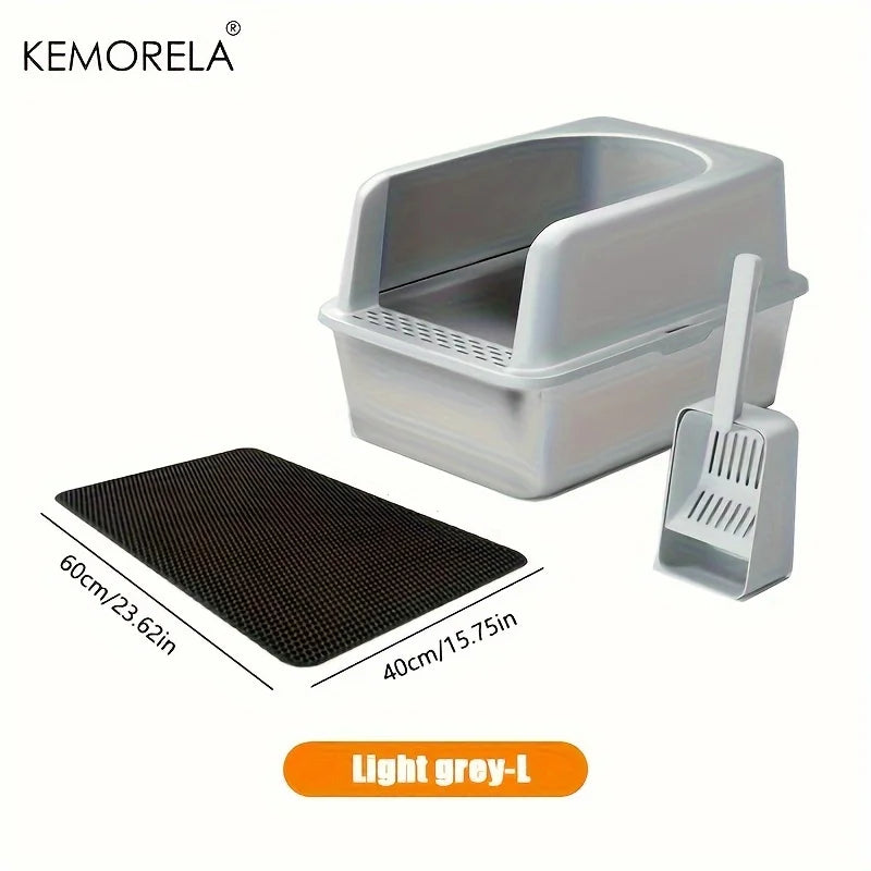 Stainless Steel Litter Box with Litter Mat - High Side for Large Cats