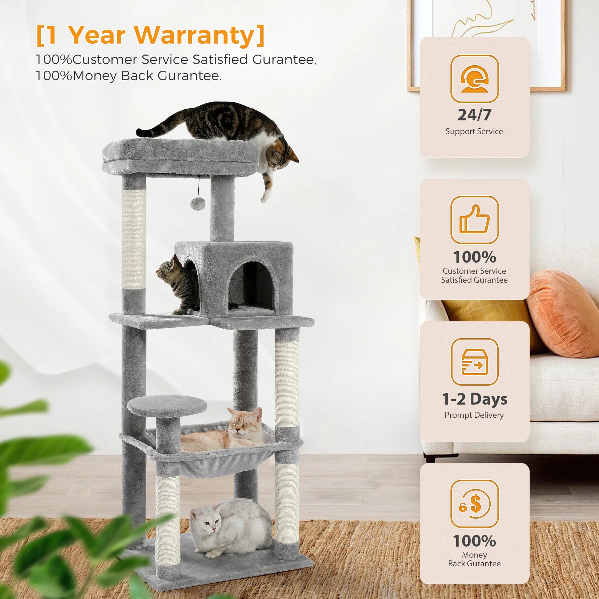 5-Level Cat Tower for Large Cats - Condo, Hammock & Perch