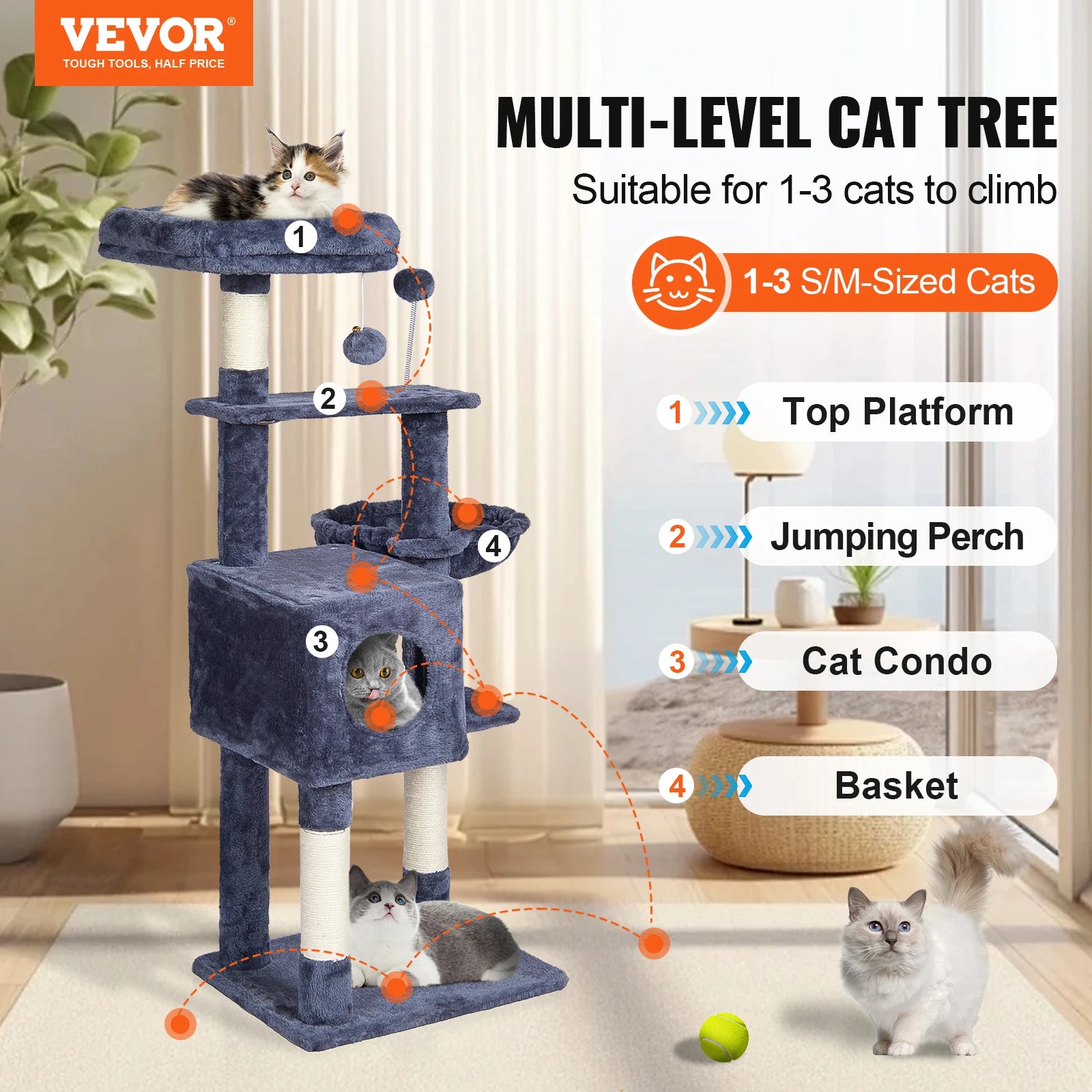 SucceBuy Cat Tree for Indoor Cats (45.2") - Condo, Sisal Post, Hammock