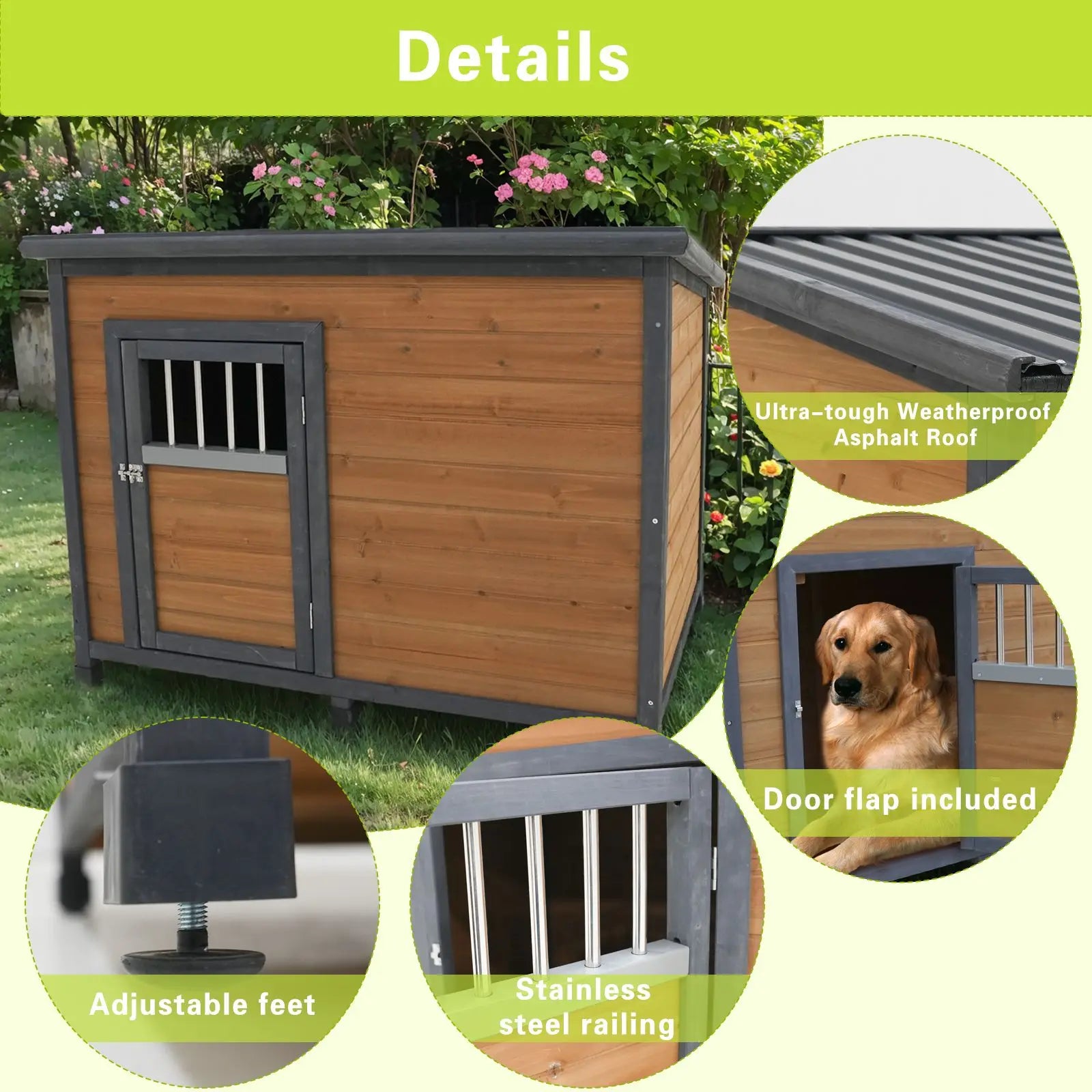 Large 45" Solid Wood Dog House - Waterproof PVC Plastic Roof