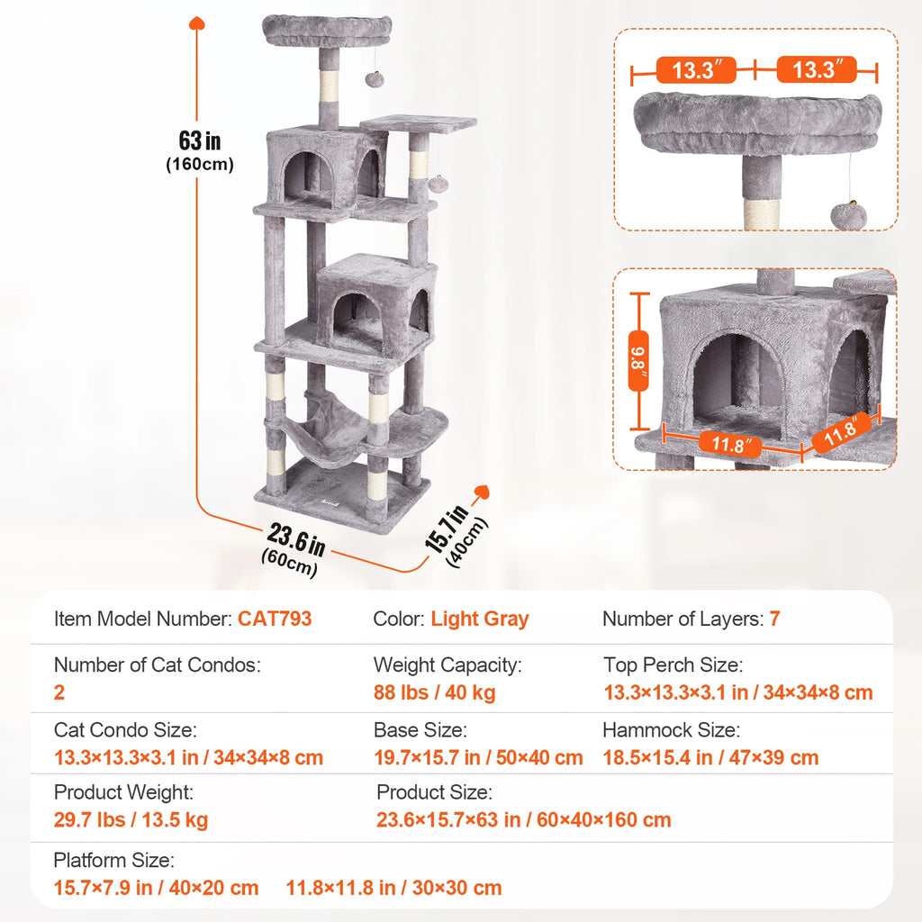 SucceBuy Cat Tree for Indoor Cats (45.2") - Condo, Sisal Post, Hammock