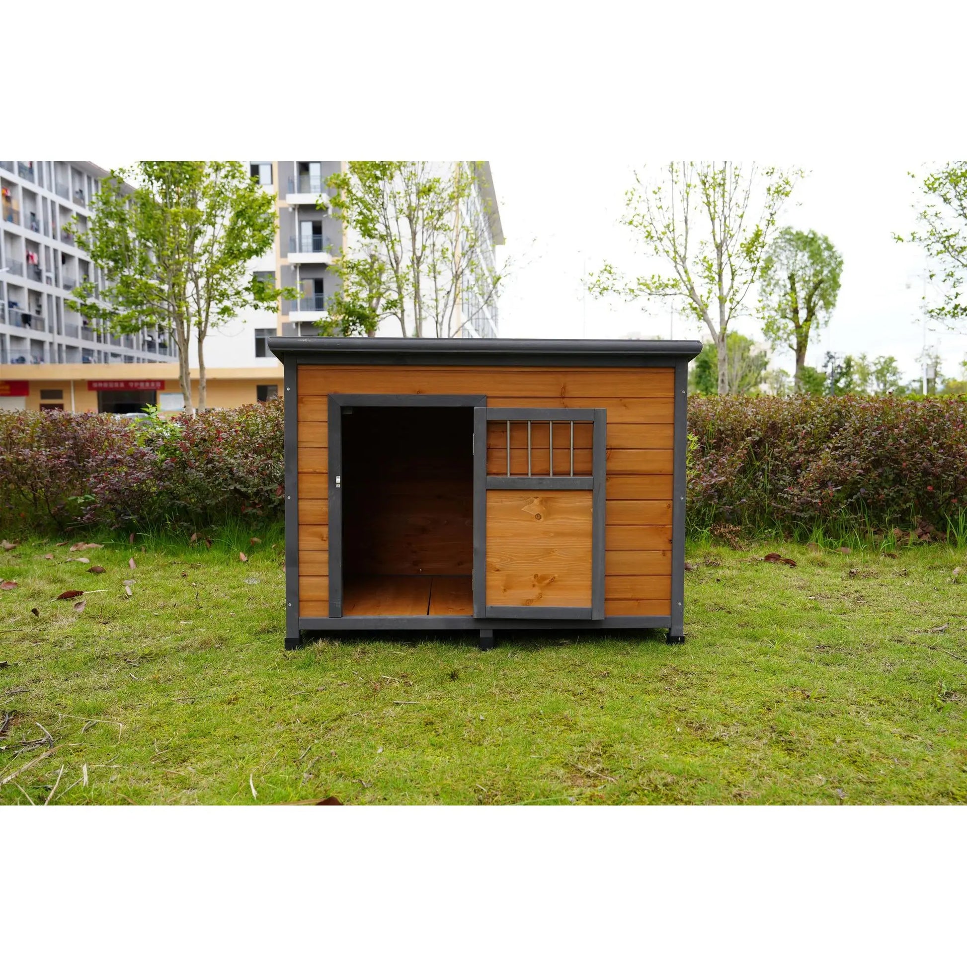 Large 45" Solid Wood Dog House - Waterproof PVC Plastic Roof