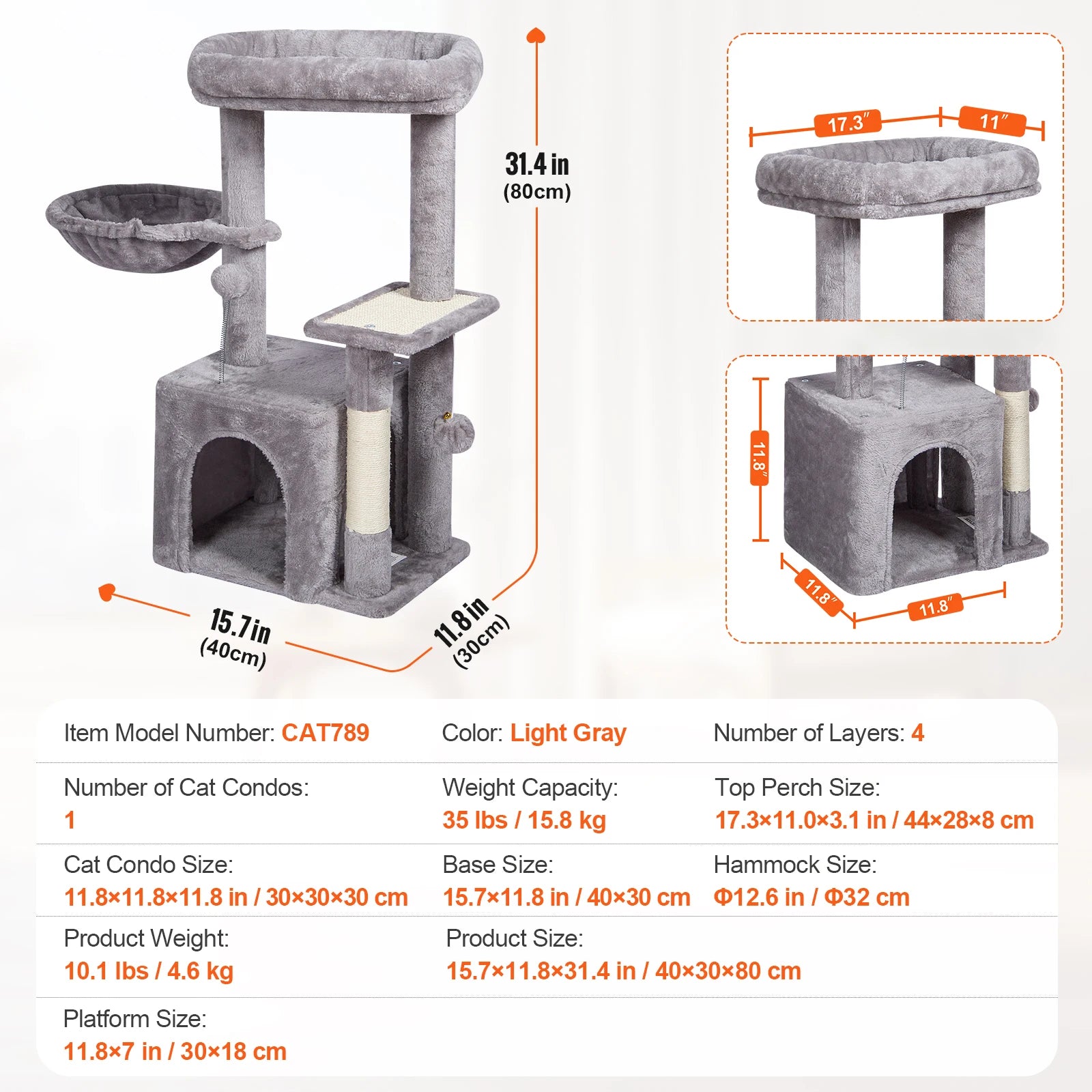 SucceBuy Cat Tree for Indoor Cats (45.2") - Condo, Sisal Post, Hammock