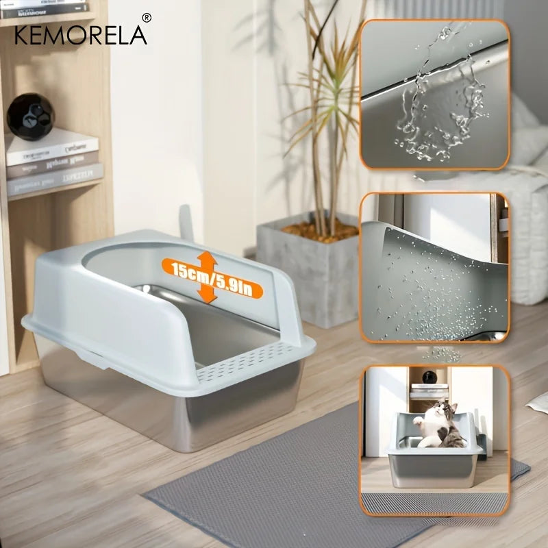Stainless Steel Litter Box with Litter Mat - High Side for Large Cats