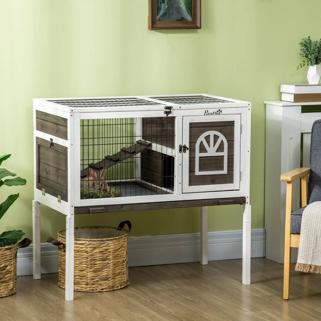 Indoor Coffee-Colored Wooden Rabbit Hutch - Guinea Pig Cage