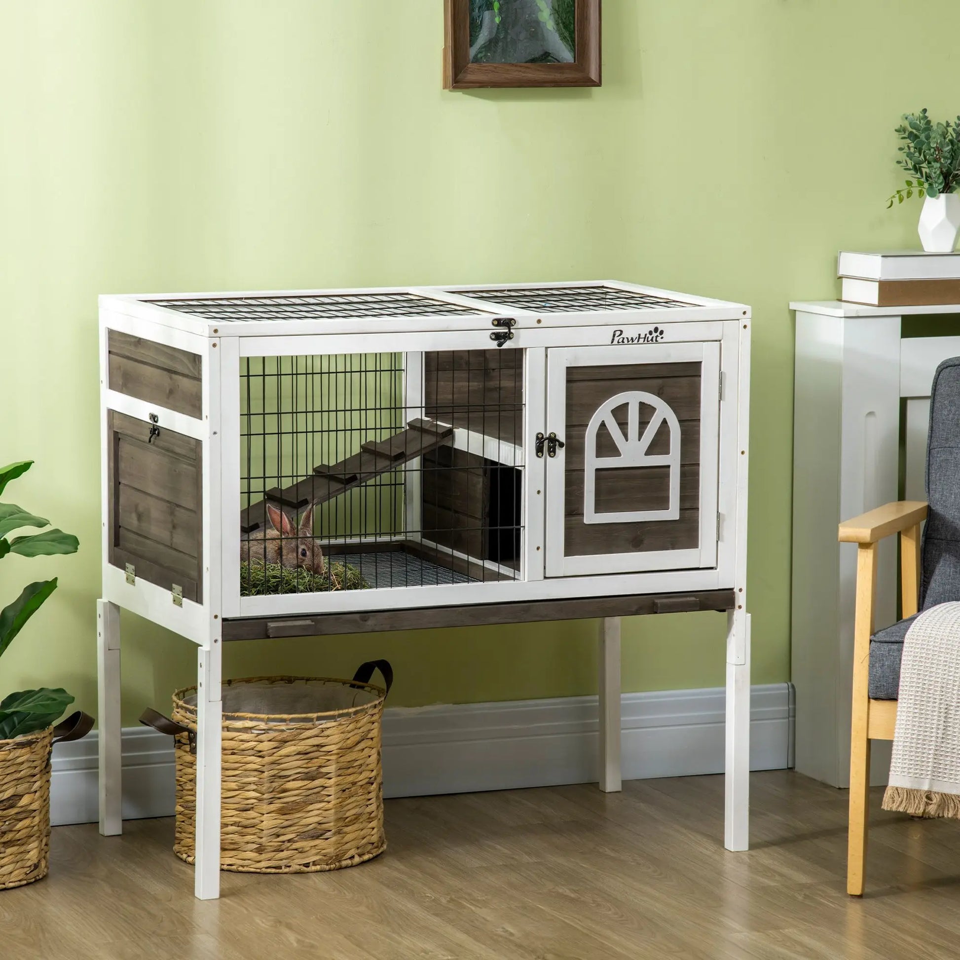 Indoor Coffee-Colored Wooden Rabbit Hutch - Guinea Pig Cage