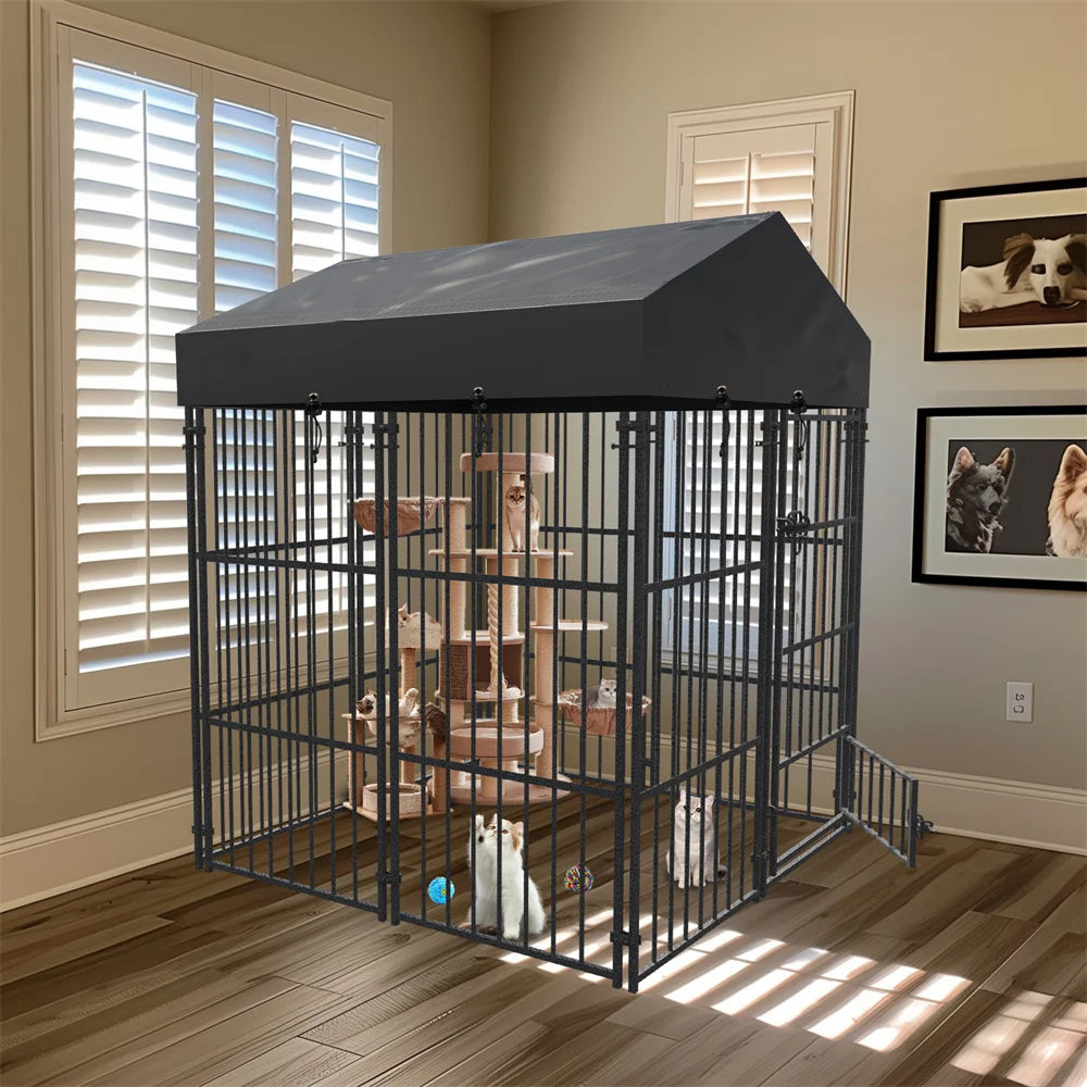 Heavy Duty Large Dog Kennel - Pet Welded Metal Playpen with Roof