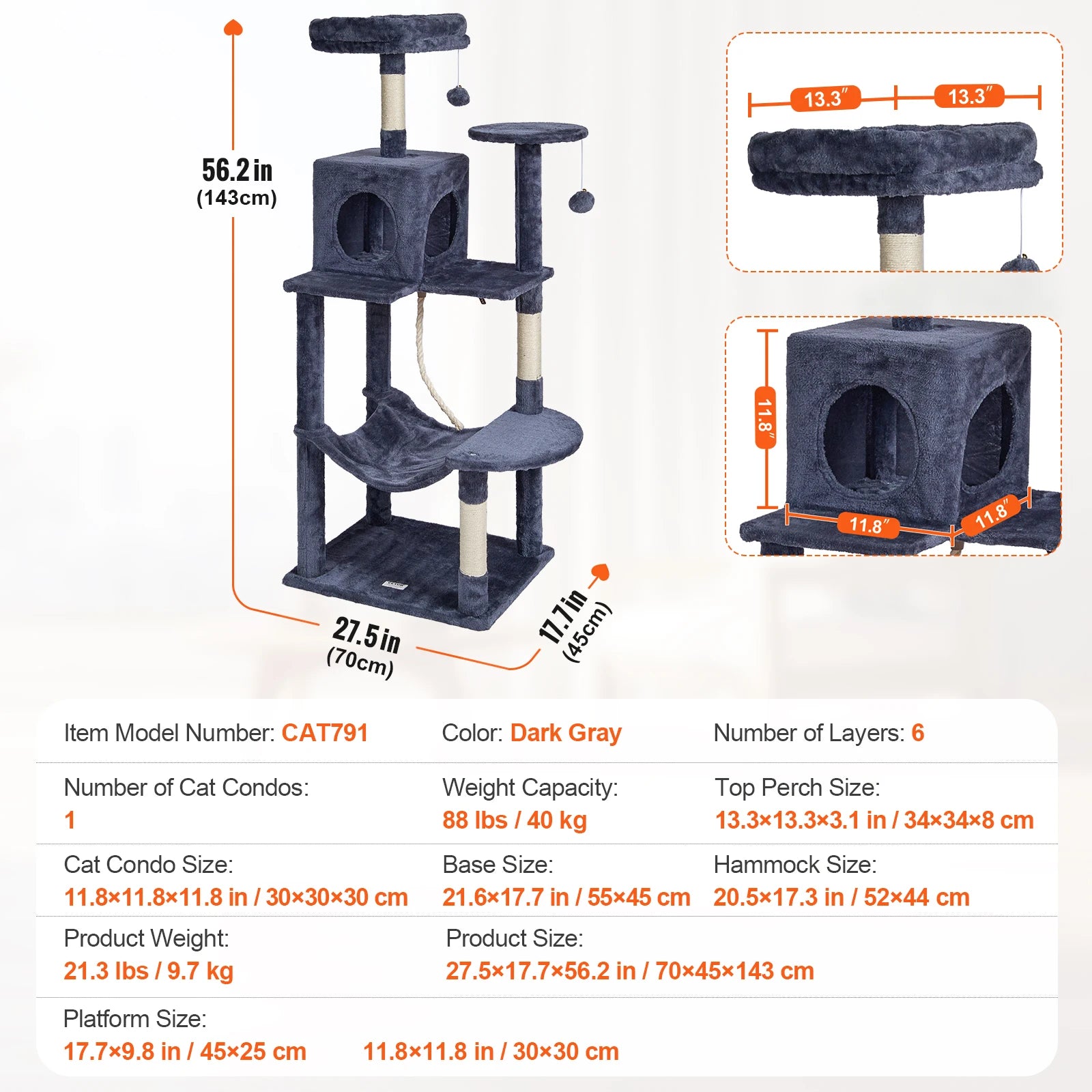 SucceBuy Cat Tree for Indoor Cats (45.2") - Condo, Sisal Post, Hammock
